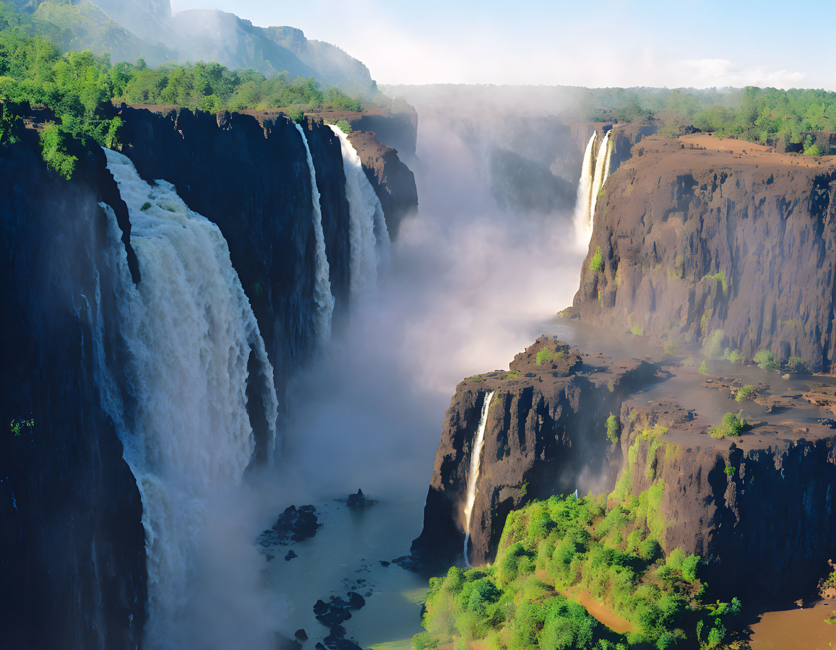 Scenic waterfalls in lush green landscape