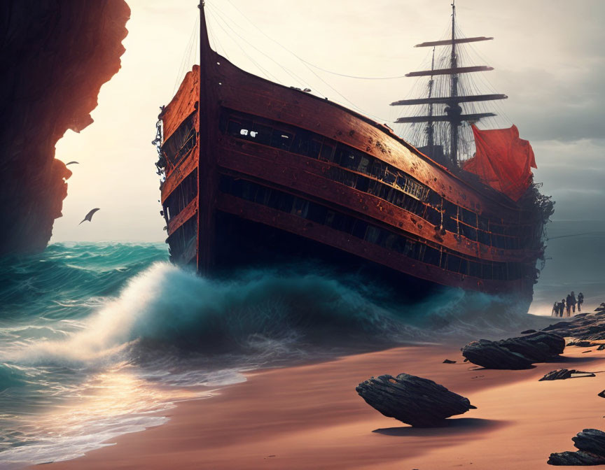 Shipwreck on sandy beach with crashing waves and people under dusk sky