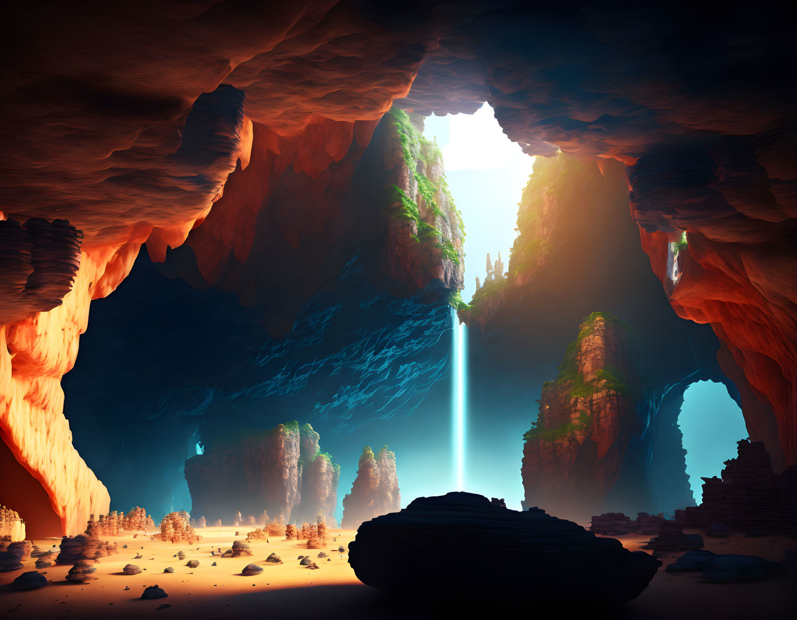 Sunlit cavern with towering rock pillars and serene water feature