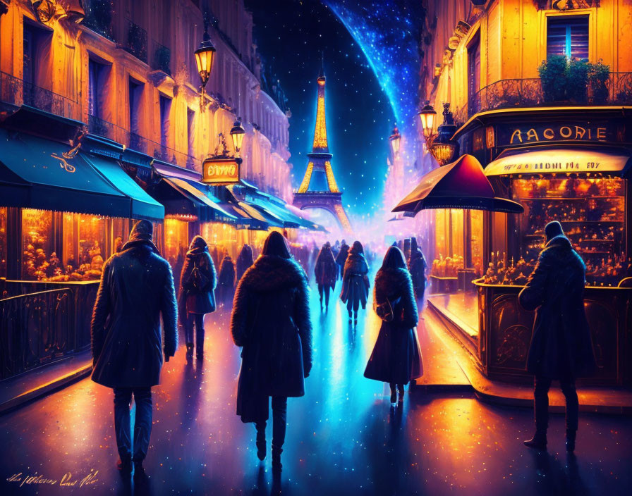 Bustling Night Street Scene with Eiffel Tower and Pedestrians