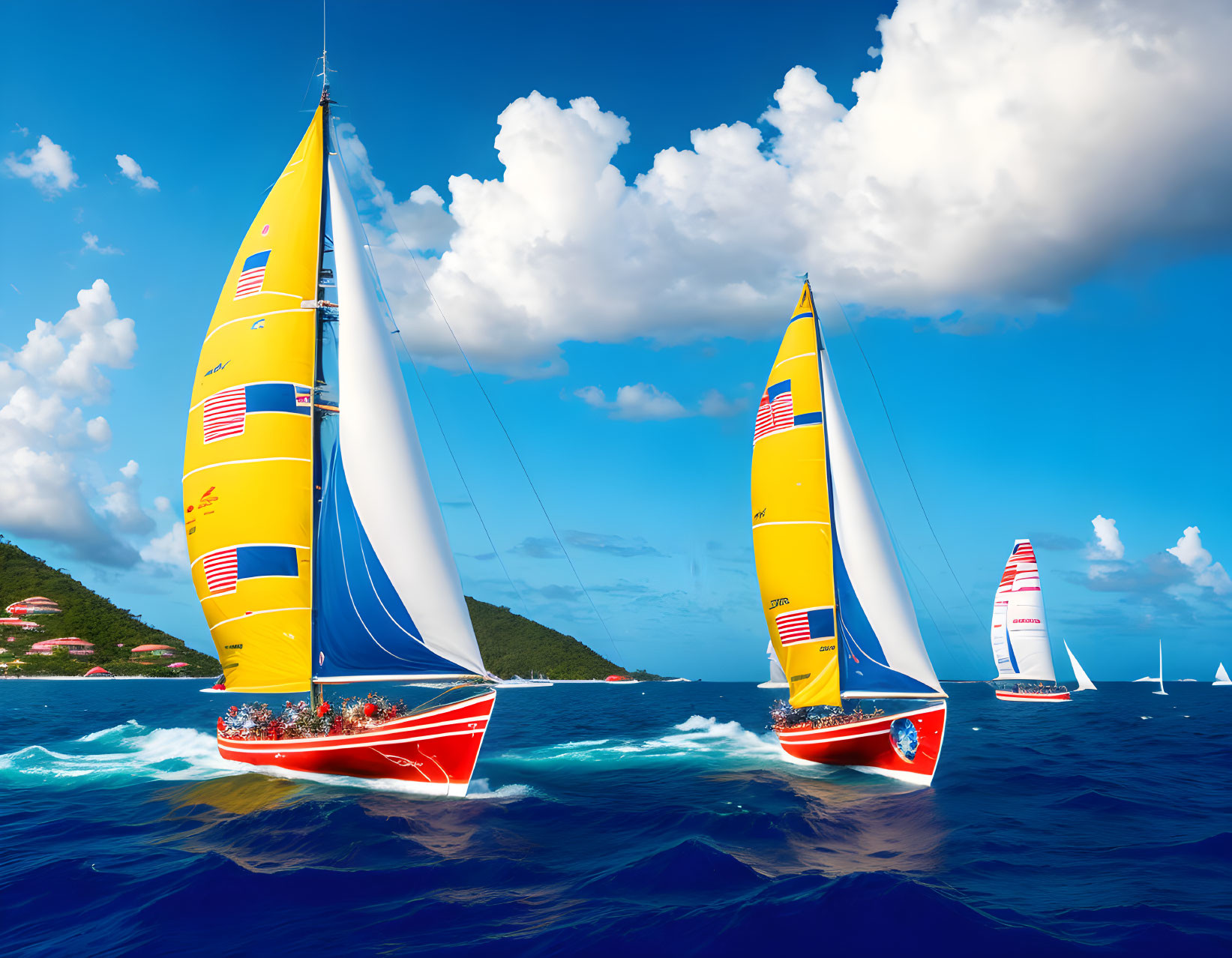 Colorful sailboats racing on blue sea with white clouds