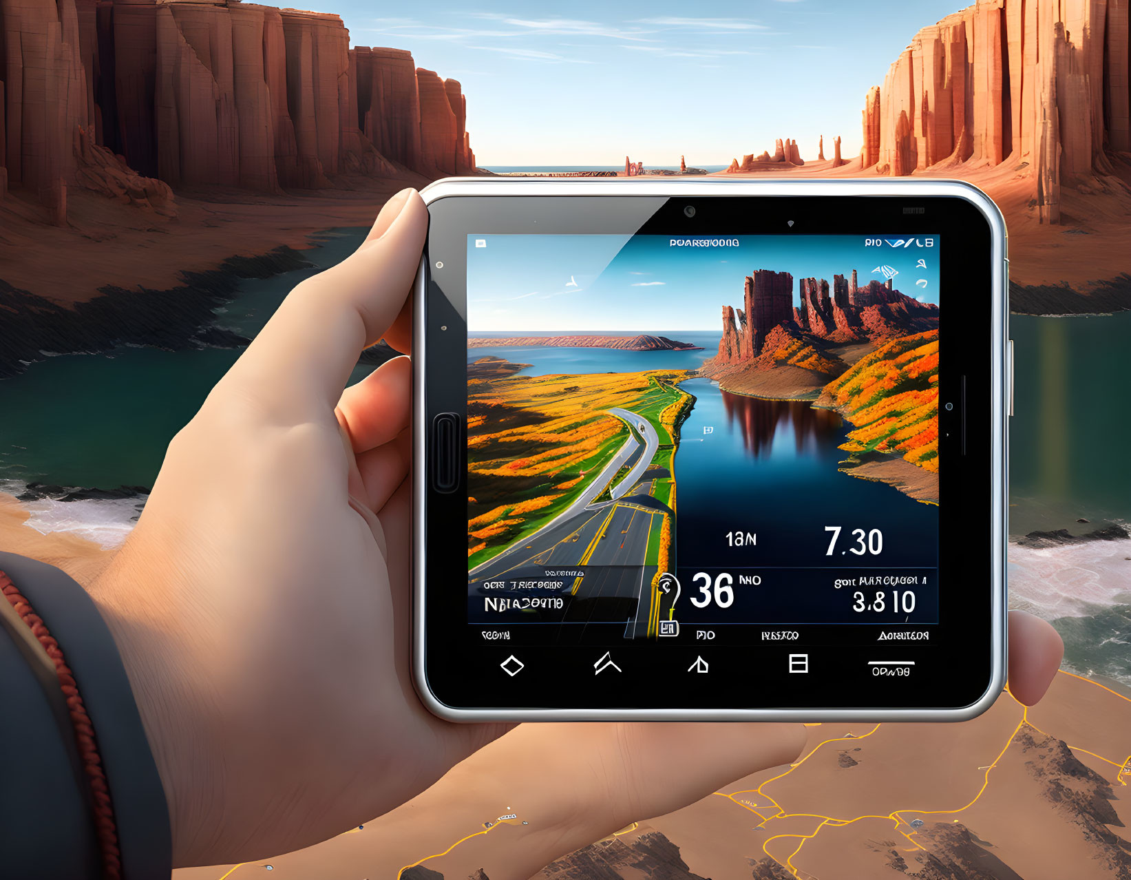 Smartphone displays scenic road on navigation app in desert canyon