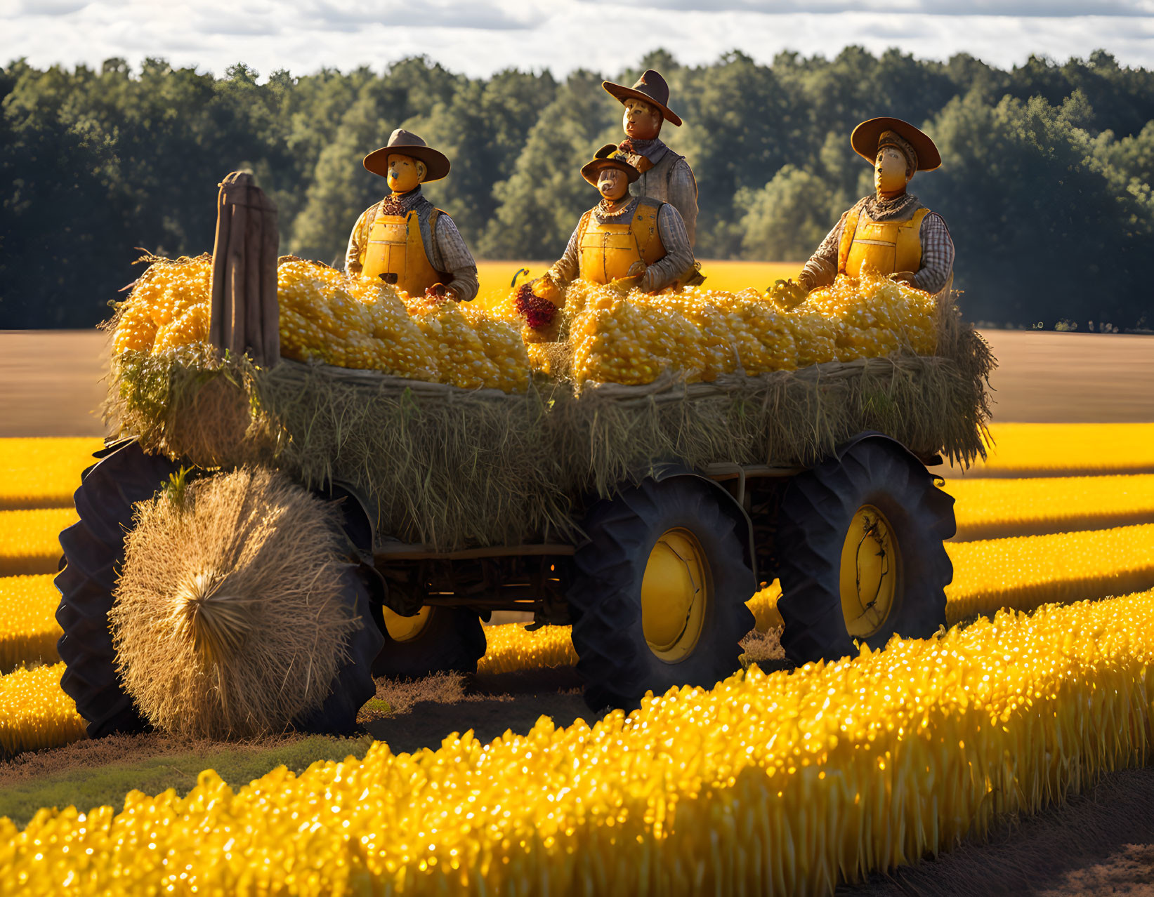 Cowboy scarecrows on hay-filled trailer in golden crop field