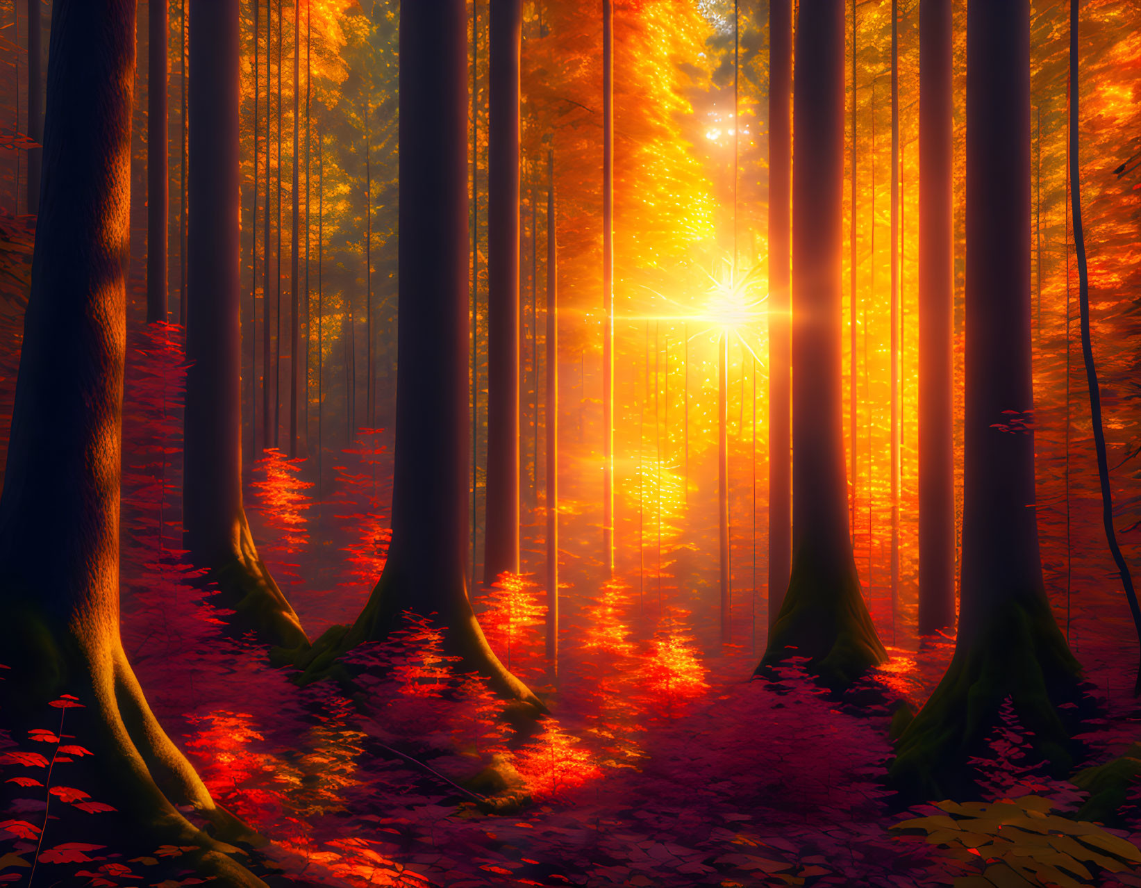 Autumnal forest scene with sunlight piercing dense foliage