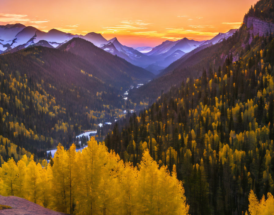 Mountain Range Sunset with Colorful Sky and Autumn Trees