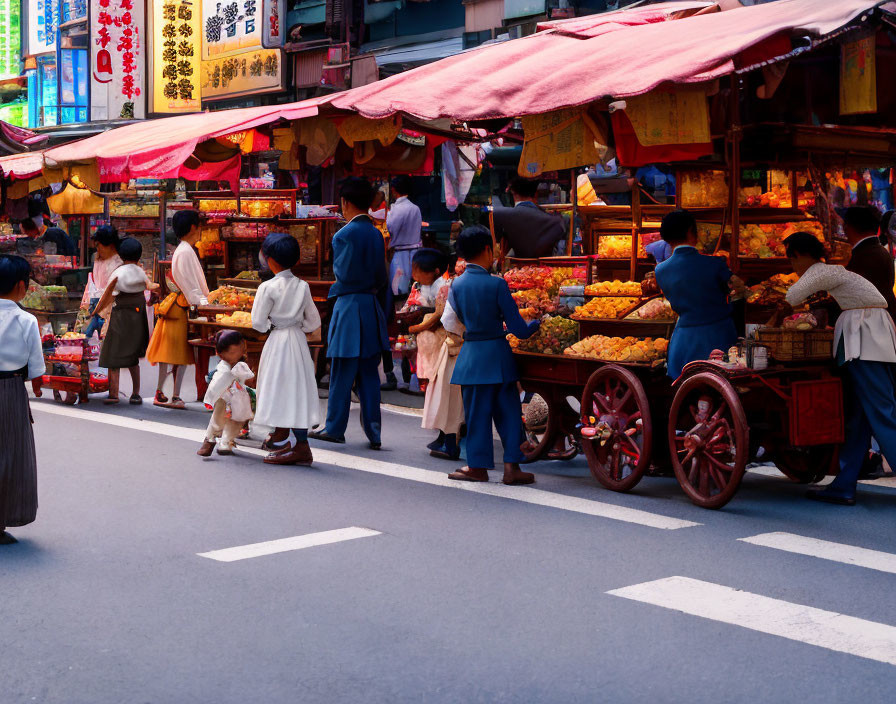 Vibrant street market with bustling stalls and people browsing goods