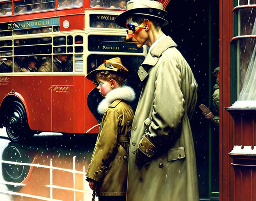 Illustration of child and adult in matching outfits near vintage red bus in snowfall