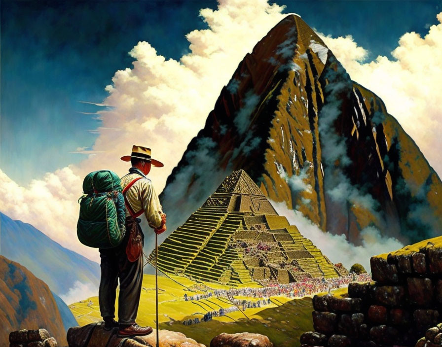 Traveler with backpack admires ancient pyramid in mountain landscape