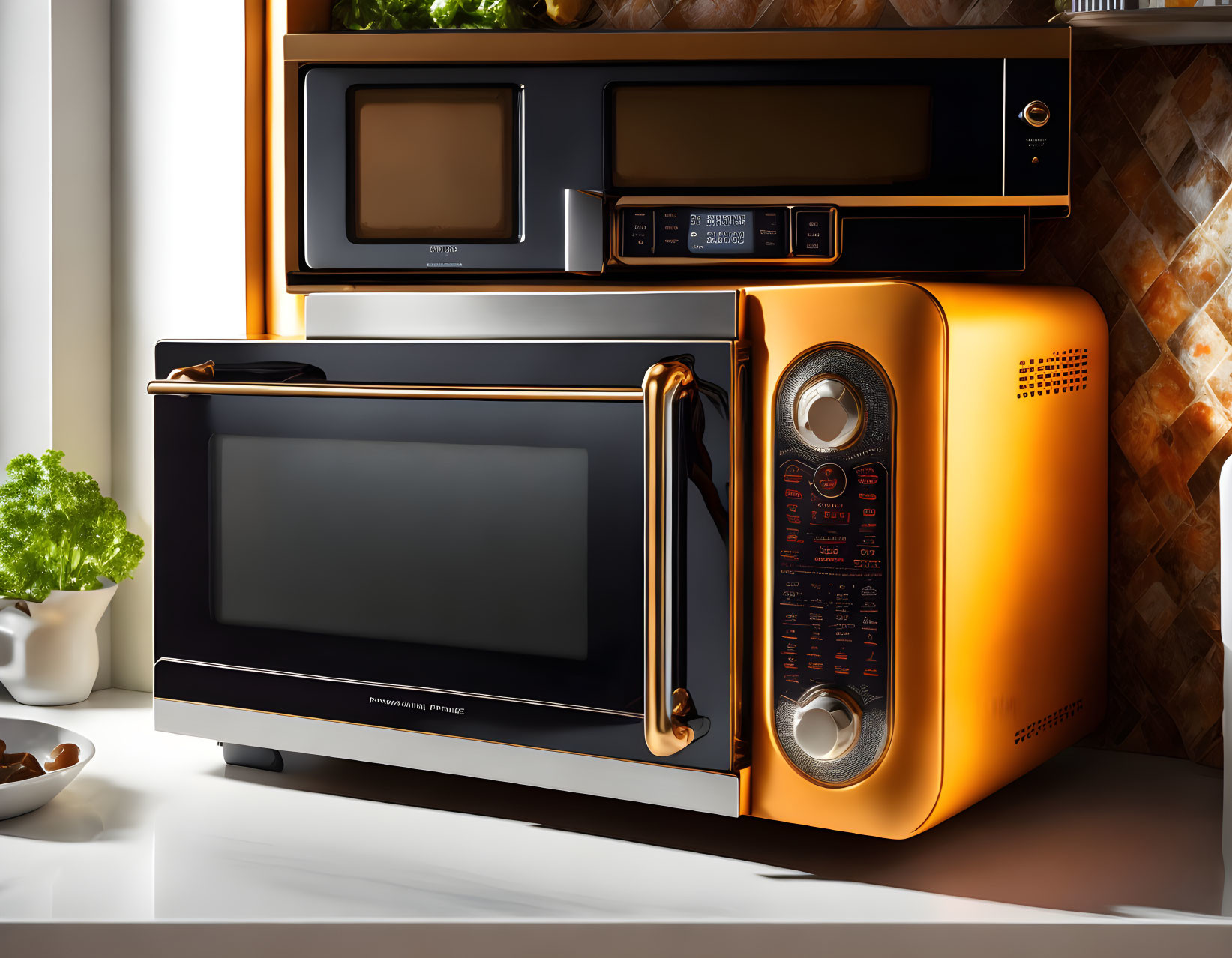 Contemporary kitchen with orange and black retro-style microwave on countertop