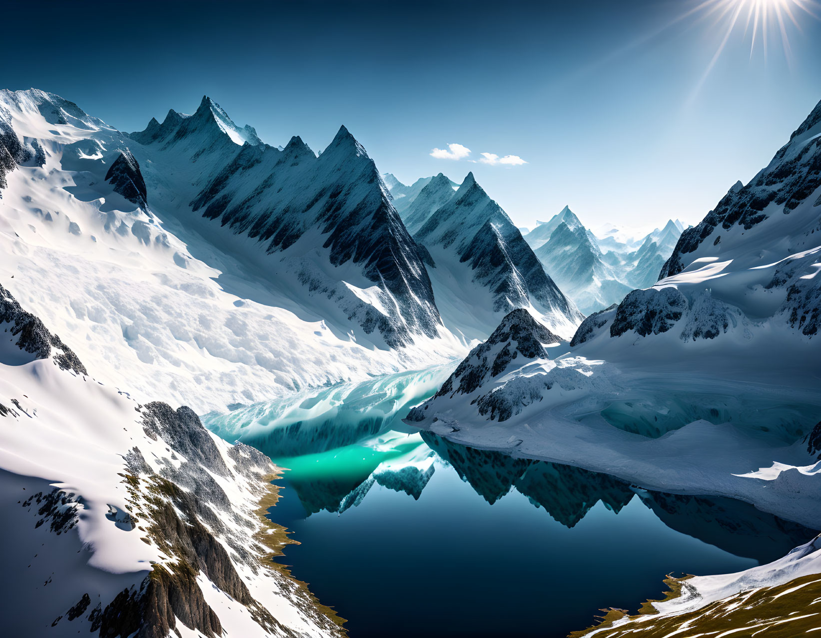 Snow-covered peaks and turquoise lake in glacier valley