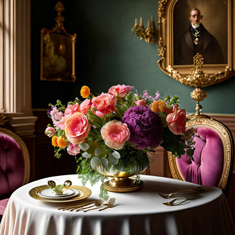 Luxurious Dining Table Decor with Floral Centerpiece and Gold Cutlery