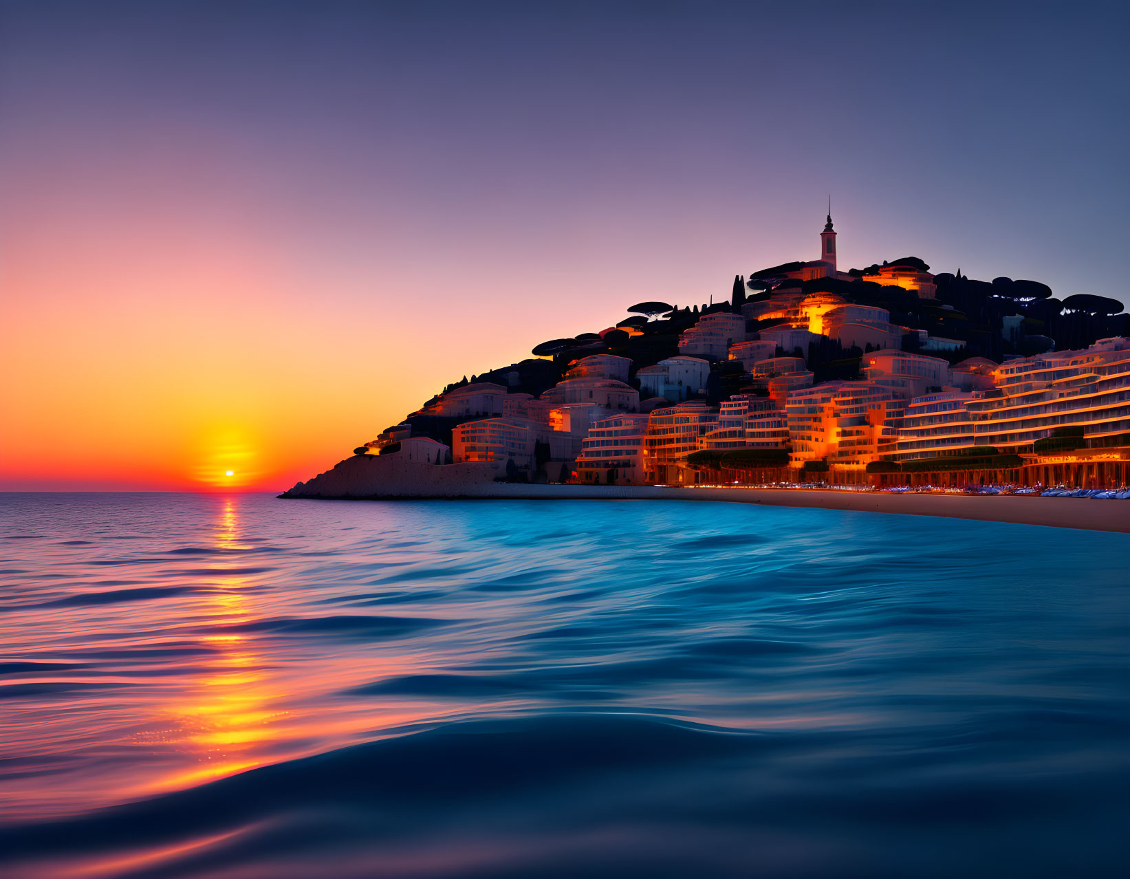 Tranquil coastal town sunset with buildings on hill