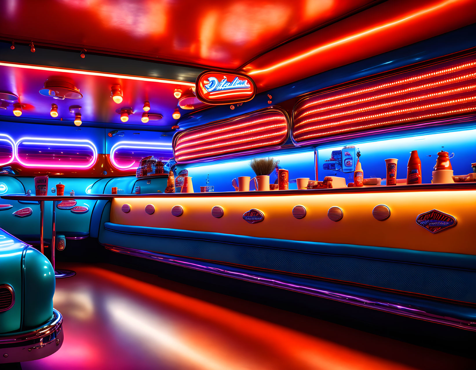 Vintage diner with neon lights, bar stools, jukebox & memorabilia