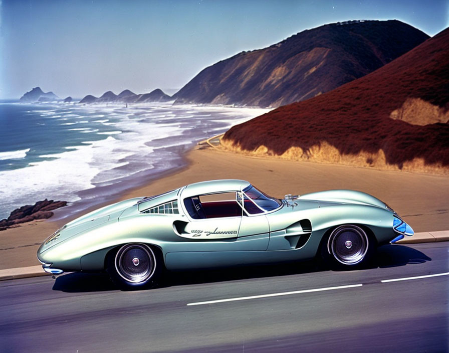 Vintage Silver Sports Car Driving Along Coastal Road with Beach and Waves in Background