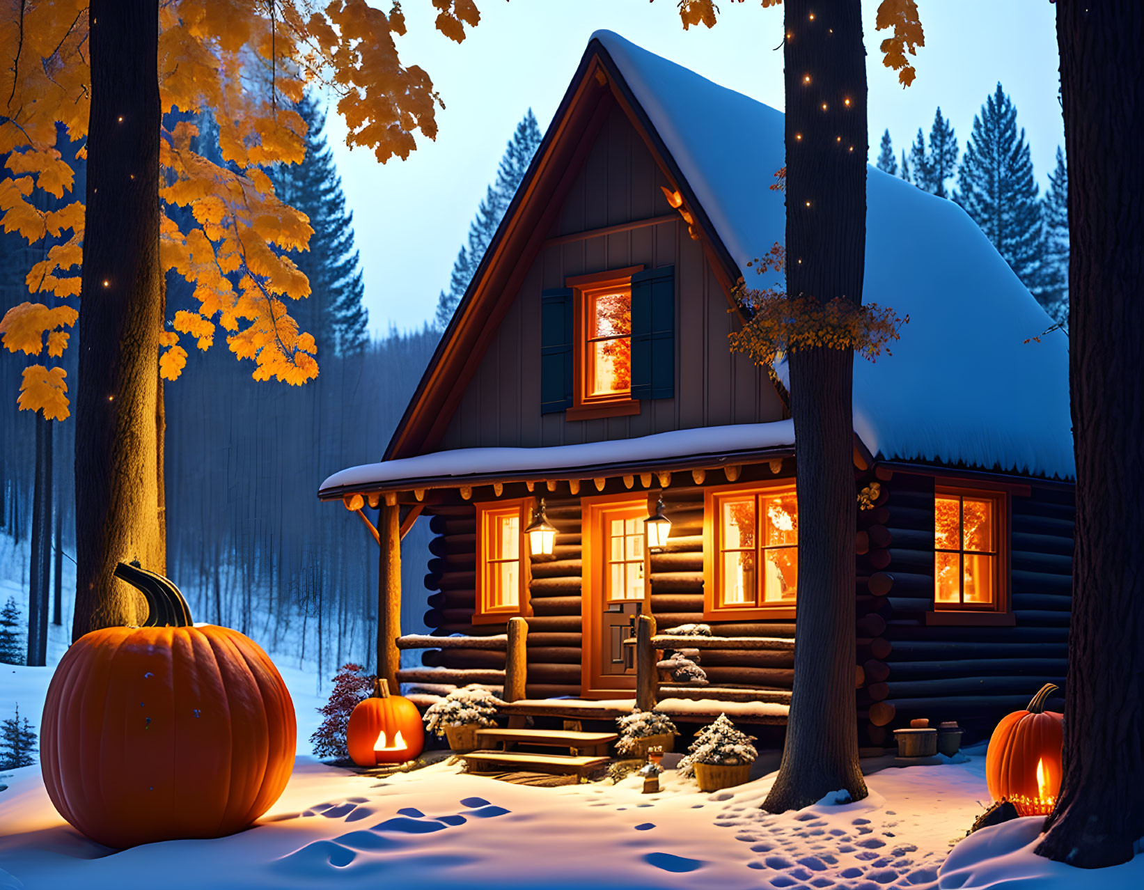 Cozy cabin in snowy forest with autumn trees and pumpkins