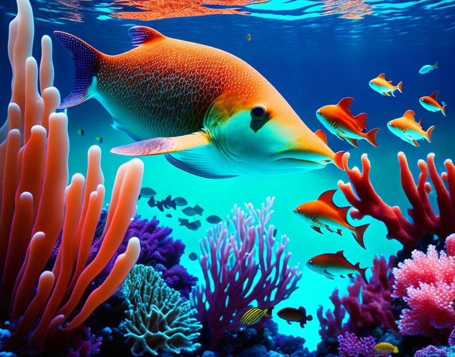 Colorful Underwater Scene with Large Orange Fish and Coral Reefs