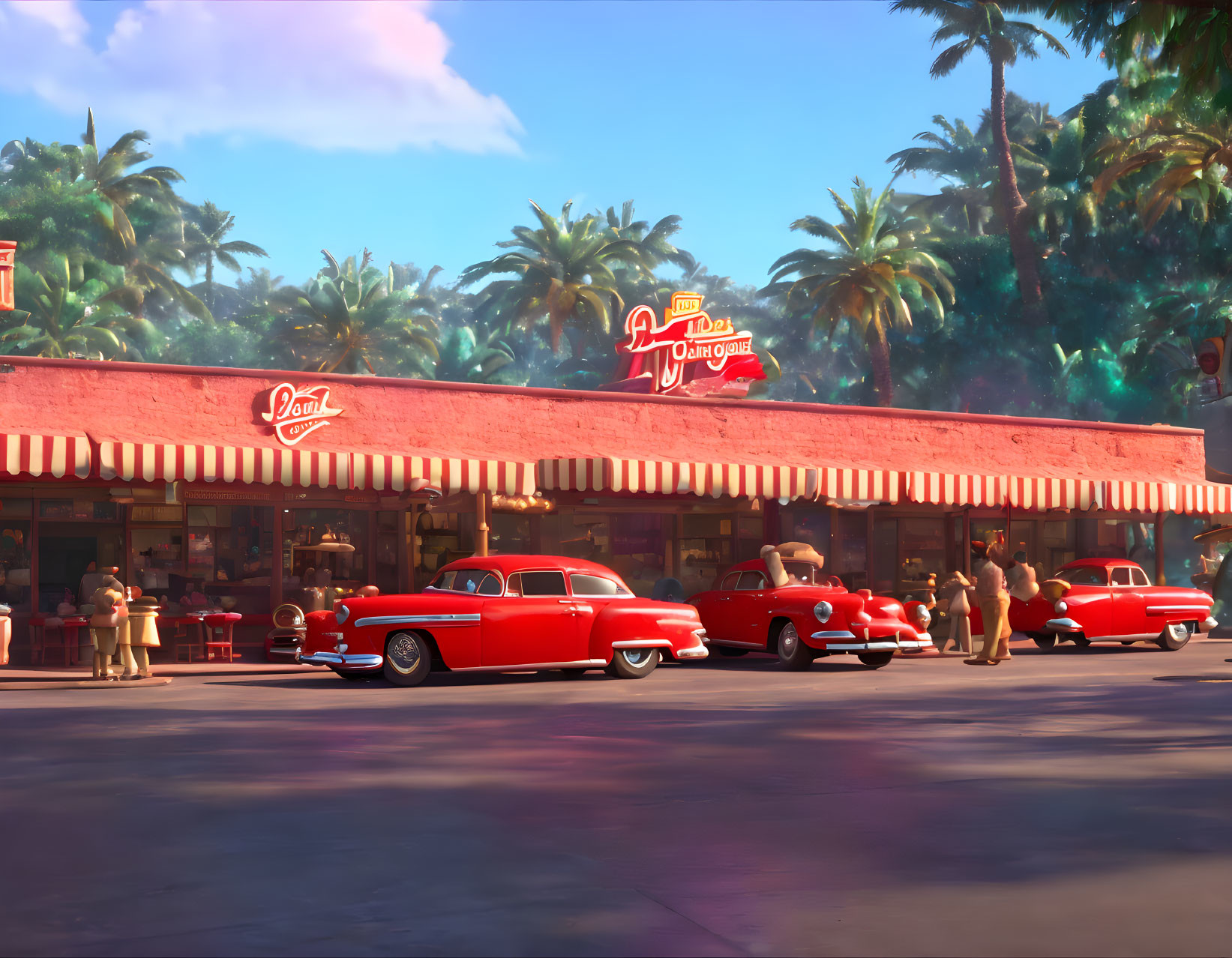 1950s American diner with red classic cars and palm trees