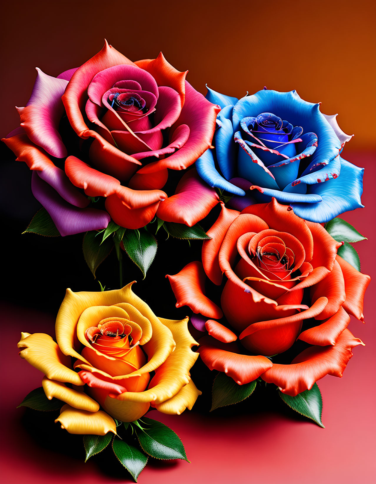 Vibrant Multicolored Roses Quartet on Gradient Background