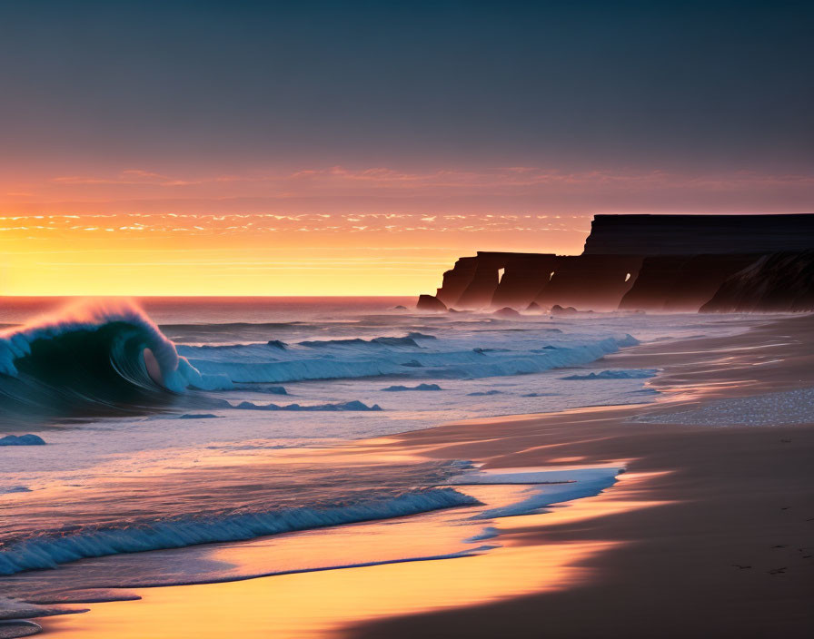 Vibrant beach sunset with rolling waves and silhouetted cliffs