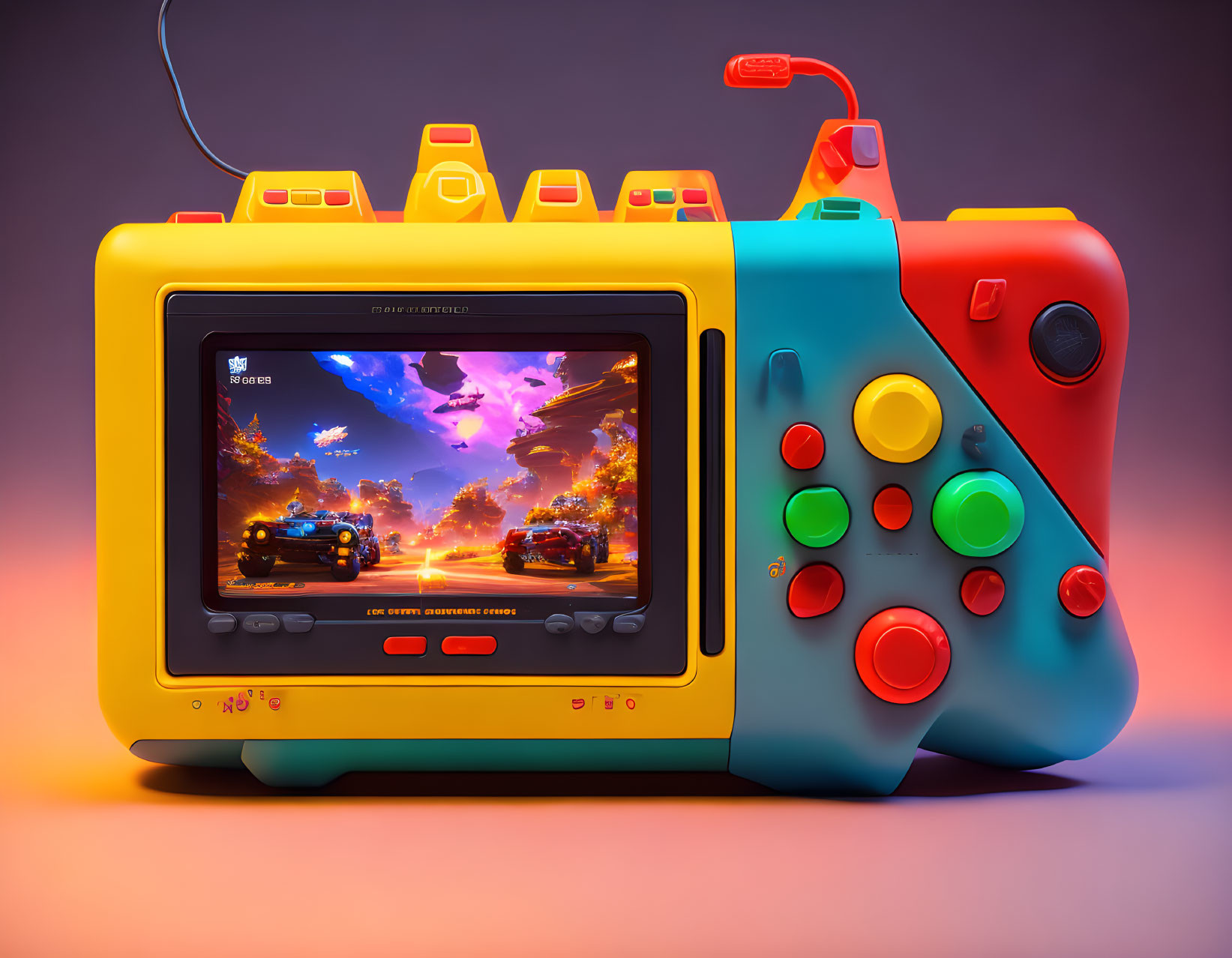 Colorful Handheld Gaming Console with Racing Game on Screen