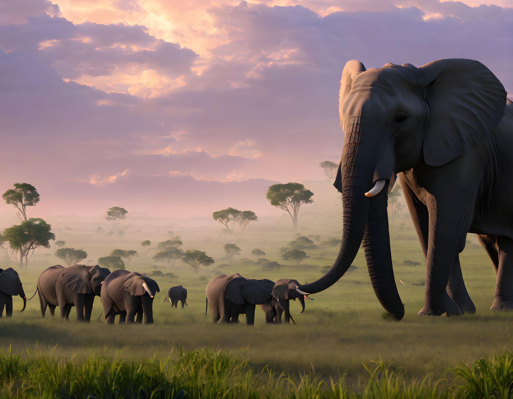 Elephants walking on lush savanna under dramatic sky