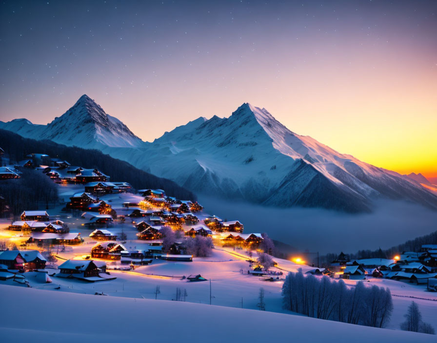 Snow-covered Alpine village at twilight with glowing lights and snow-capped peaks under starry sky