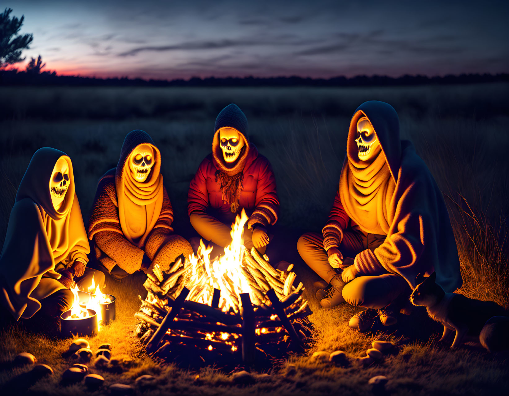 Four People with Illuminated Jack-o'-lantern Masks Around Campfire at Twilight