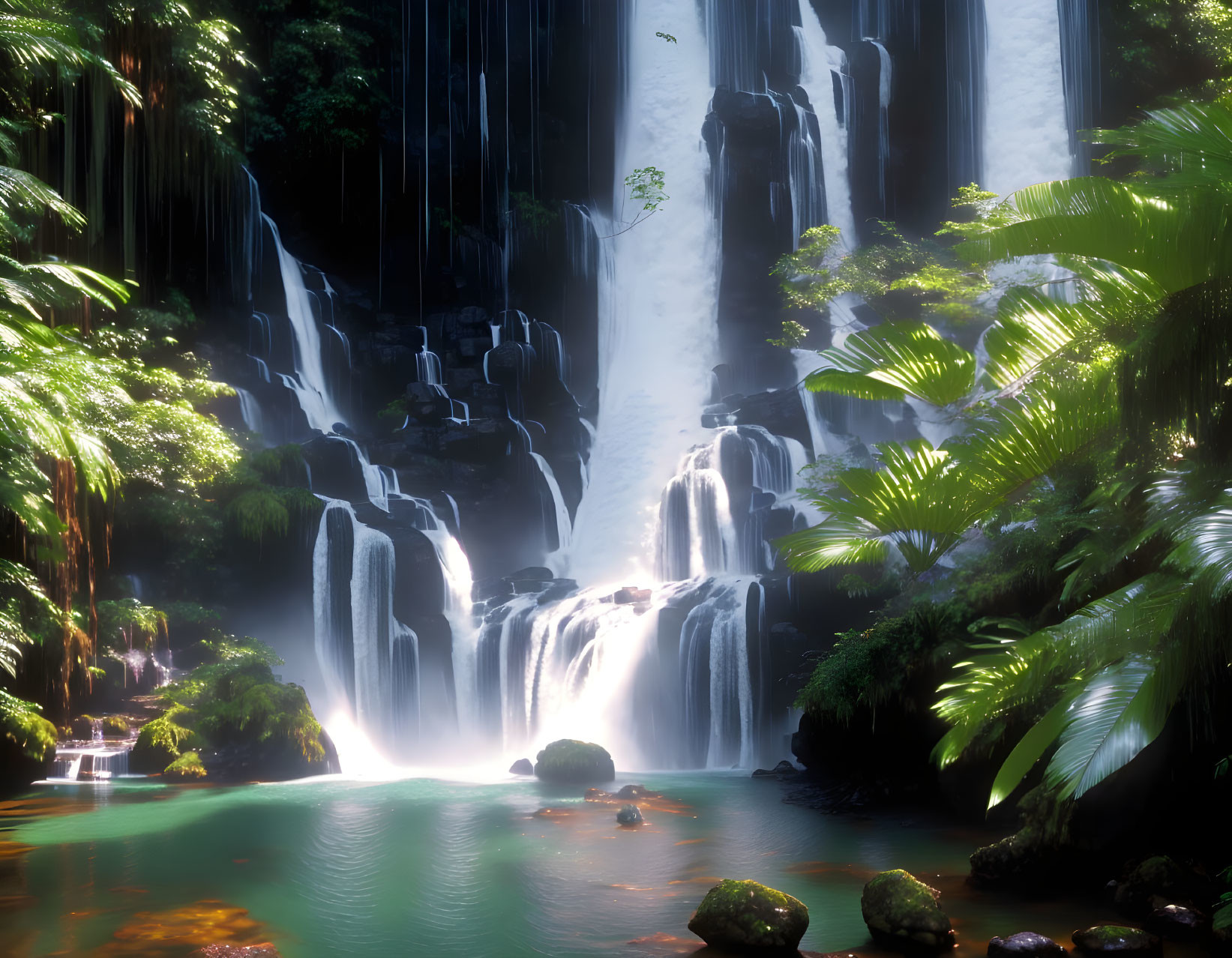 Tranquil waterfall in lush green setting