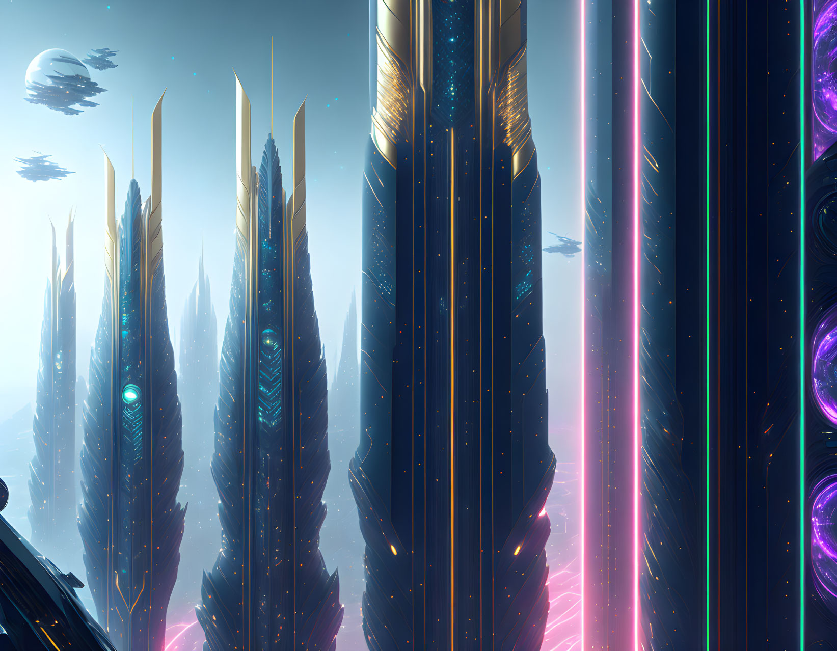 Futuristic cityscape with towering spires and neon accents