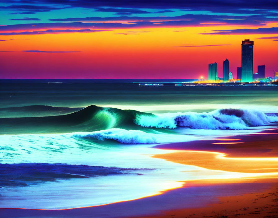 City skyline silhouette against vibrant dusk beachscape