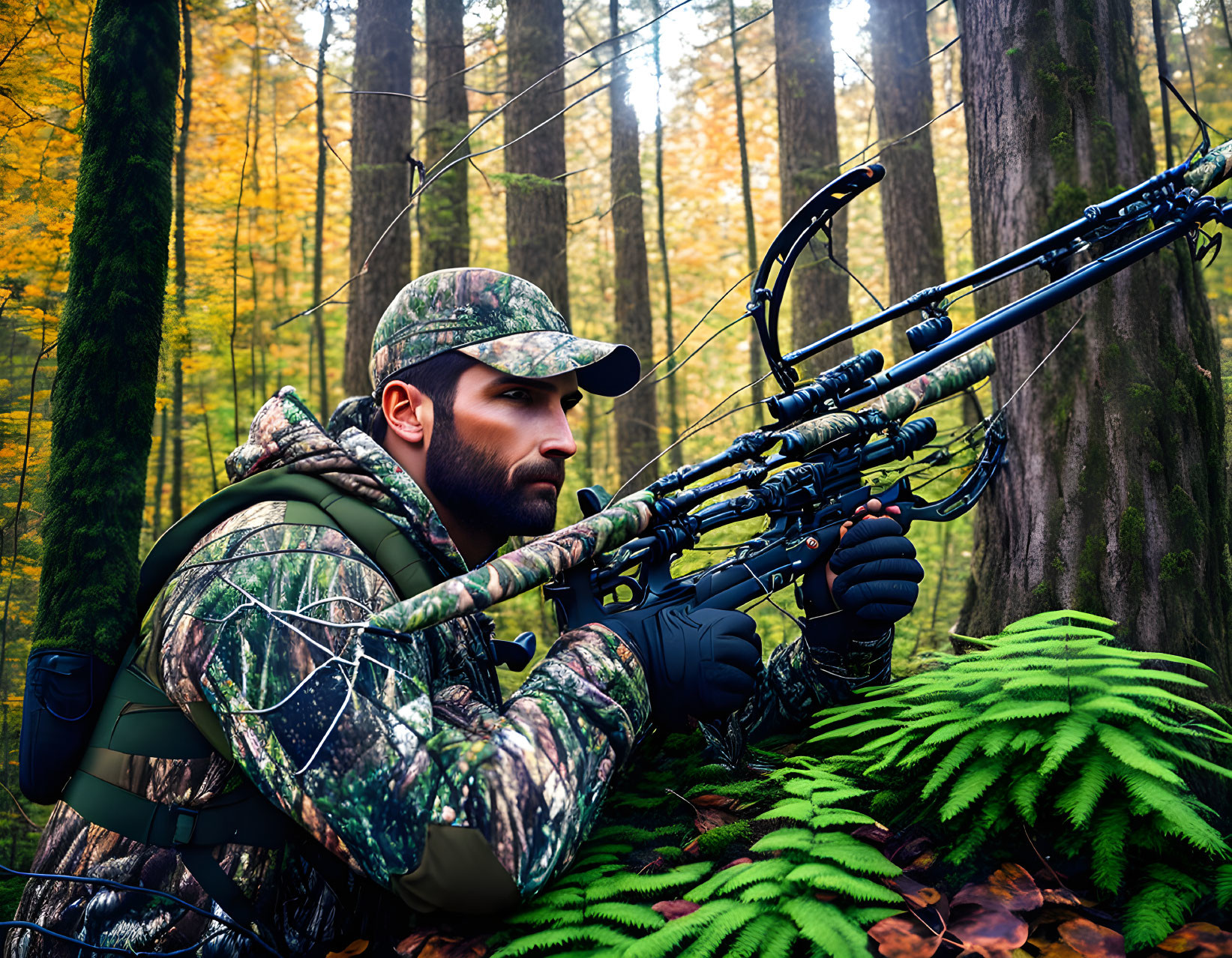 Camouflaged hunter with compound bow in dense forest.