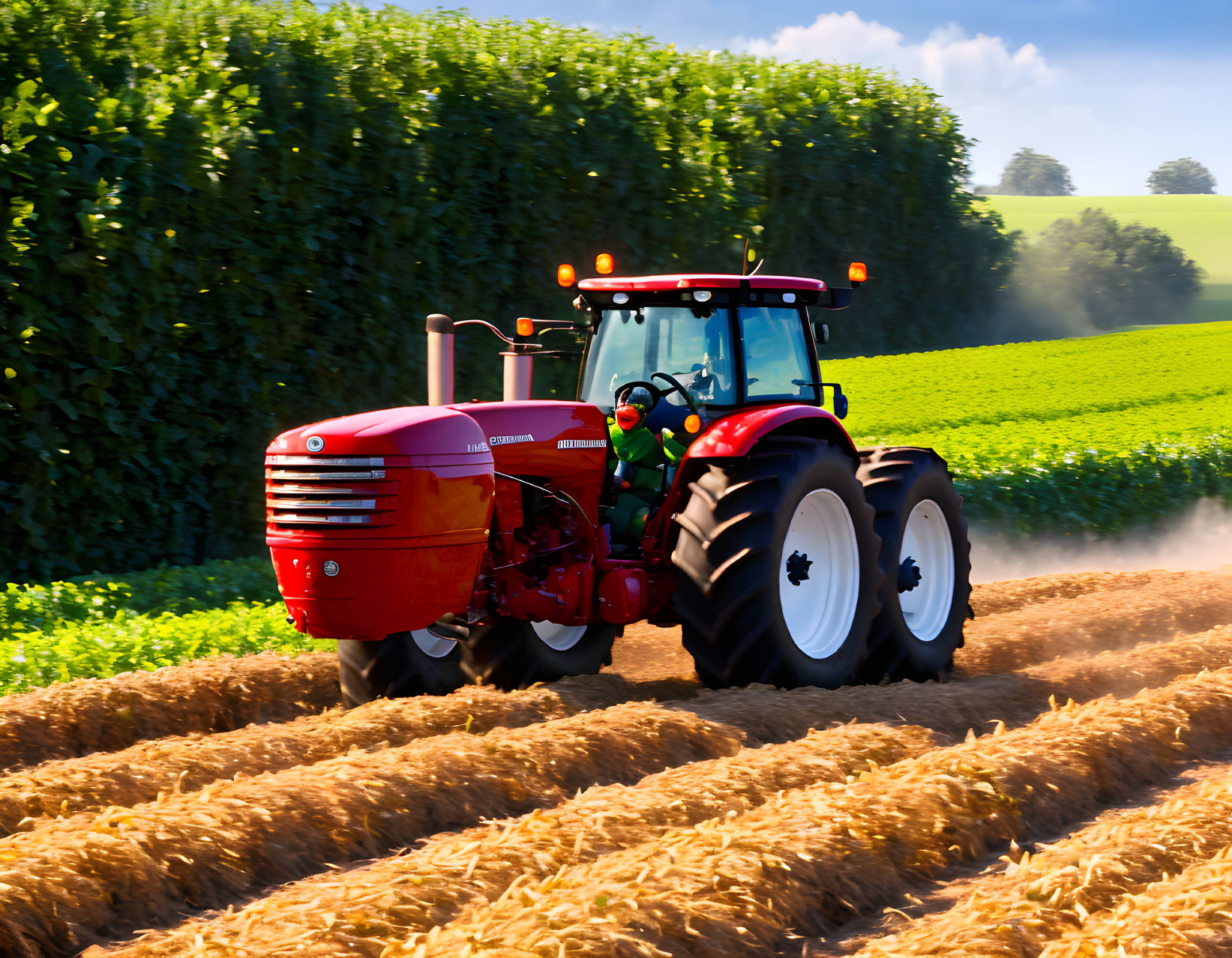 Red tractor plowing golden field with green trees and blue sky