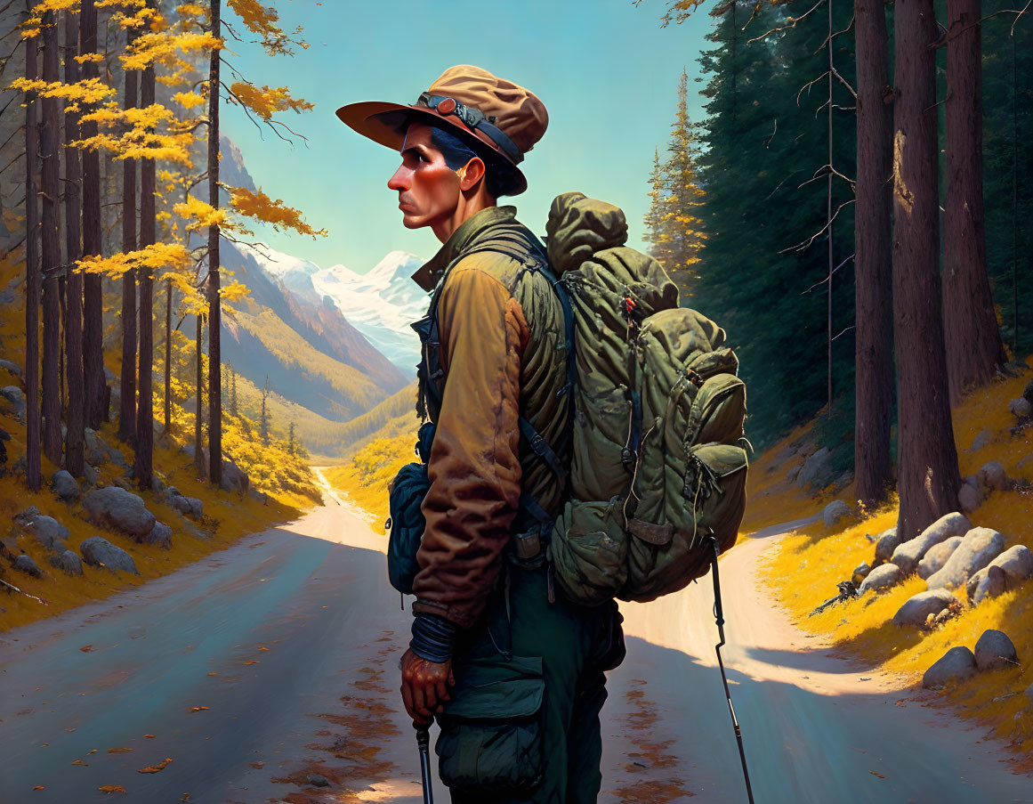 Hiker with large backpack on forest path with autumn trees and mountains