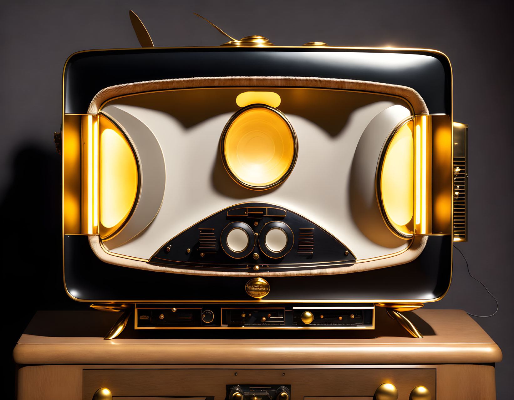 Retro vintage television with gold accents and dials on dark background