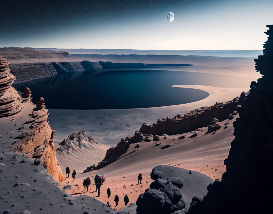 Hikers exploring dramatic desert landscape with crater lake under moonlit sky