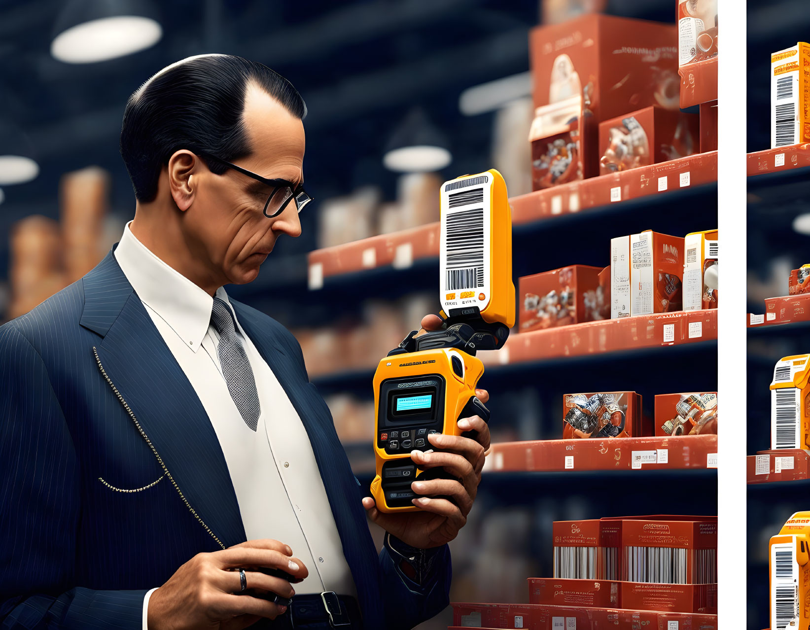 Stylized 3D illustration: Man in suit scanning barcode in warehouse