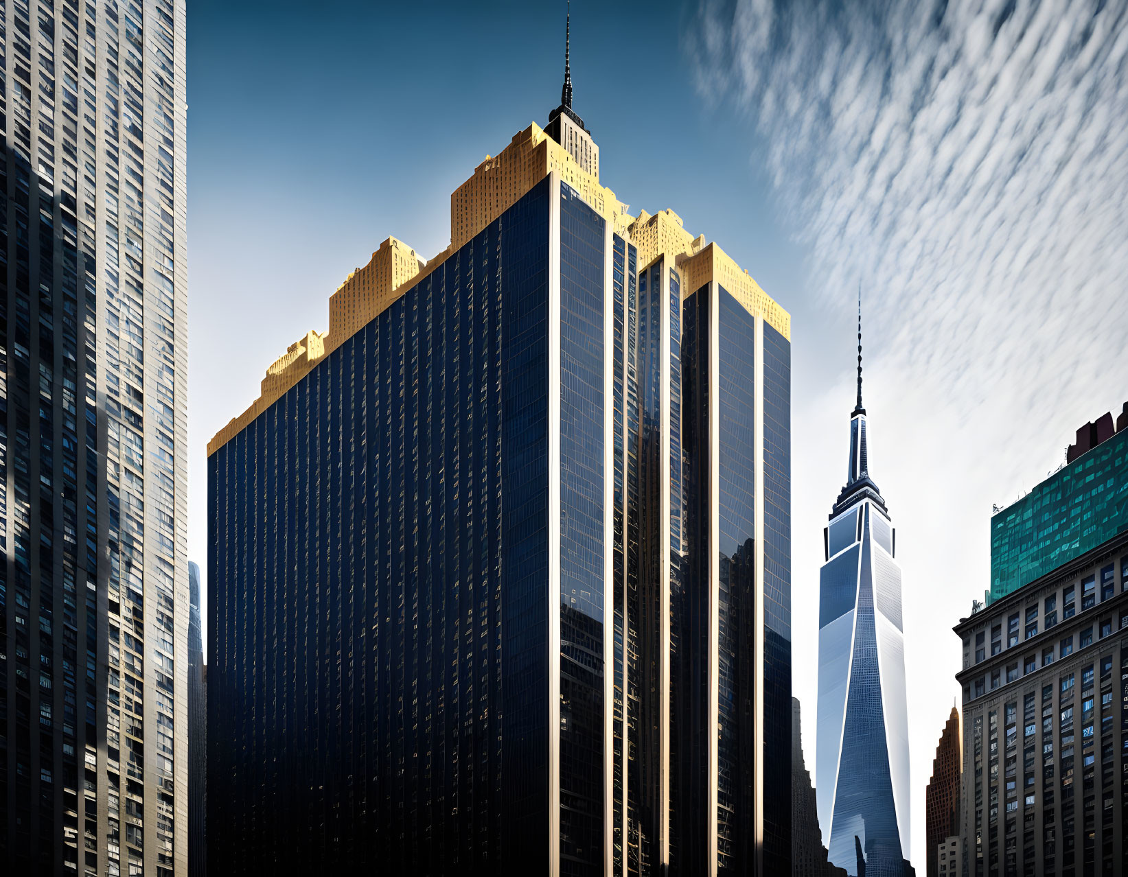 Modern urban skyline with sunlit skyscrapers against streaky clouds