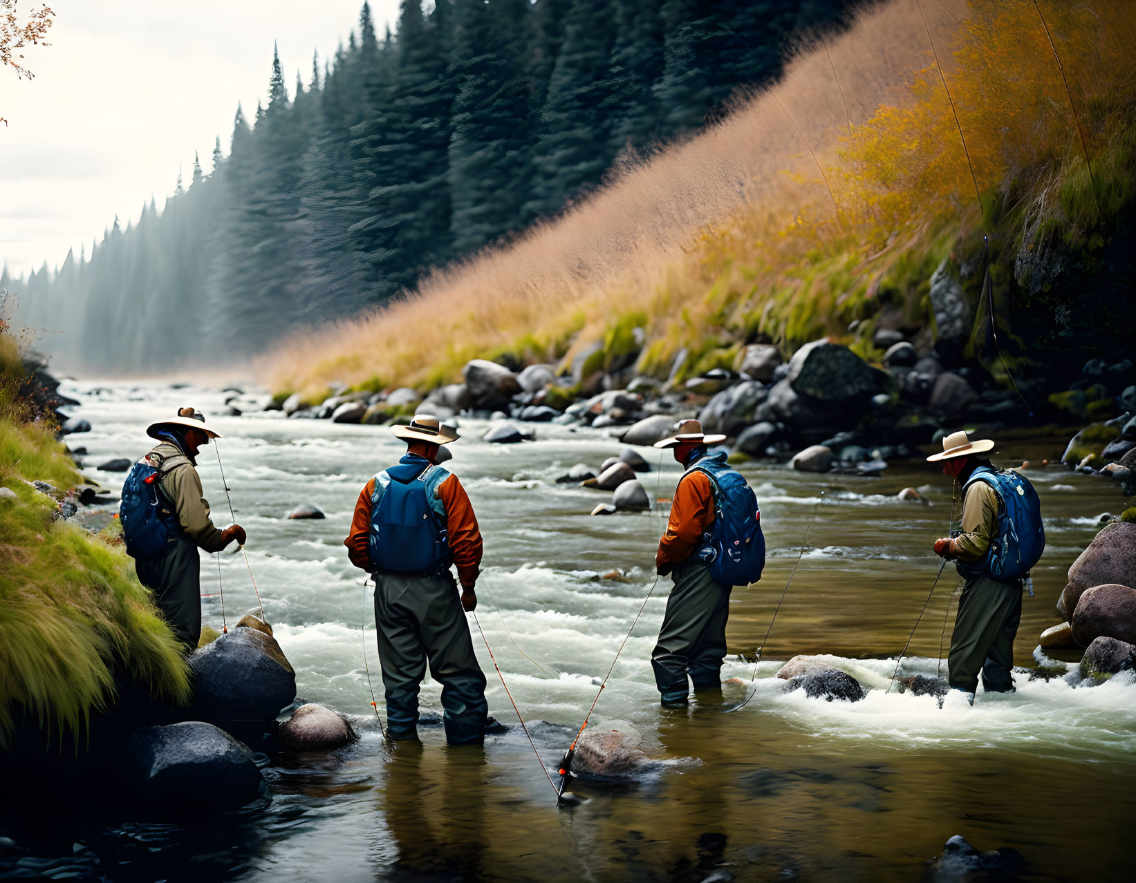 Autumn scene: Three people fishing in misty river forest