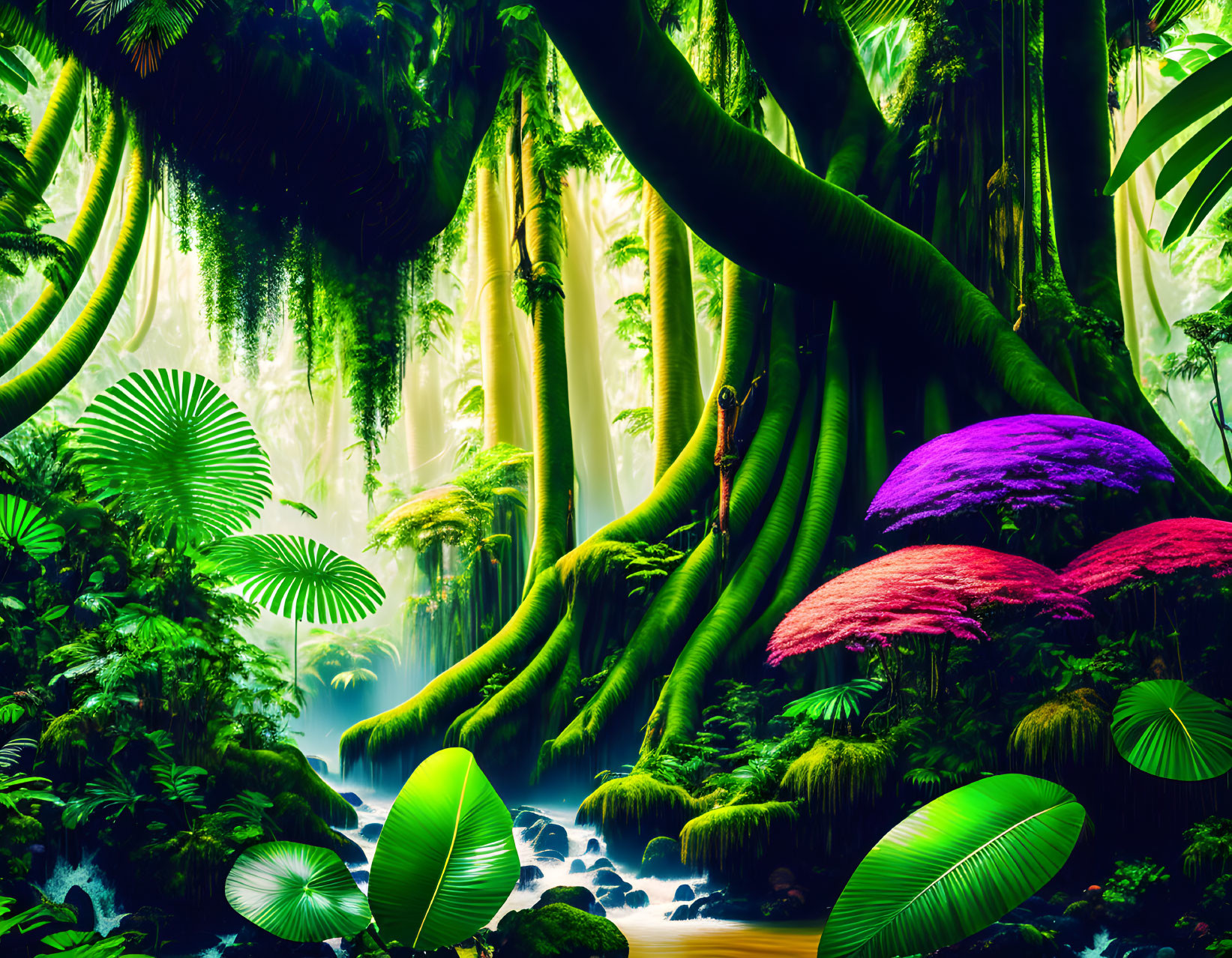 Vibrant jungle scene with large tree roots and colorful mushrooms