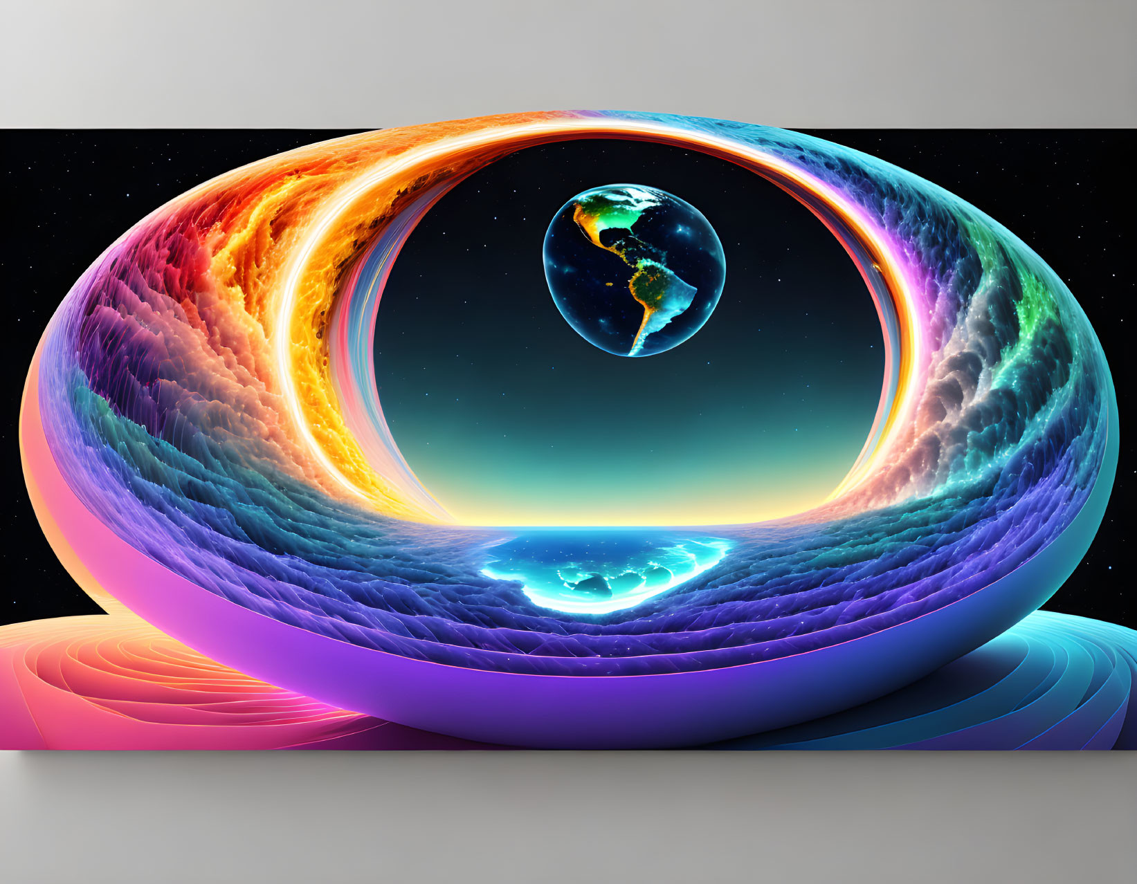 Colorful Earth with rainbow aurora in cosmic digital art