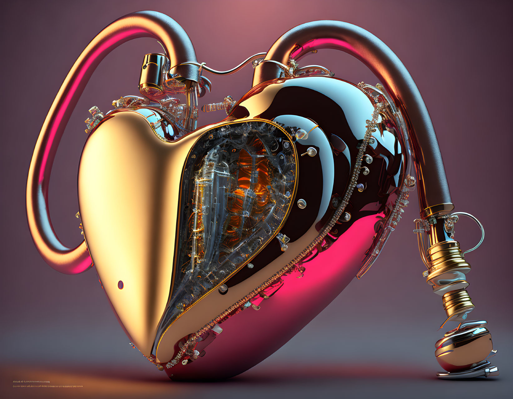 Mechanical heart 3D illustration with gold and chrome elements and visible gears