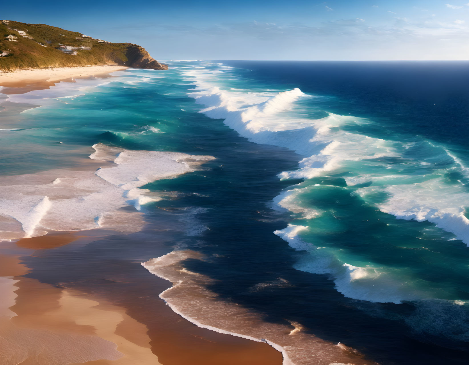 Aerial view of pristine beach with turquoise waves and sunny cliff