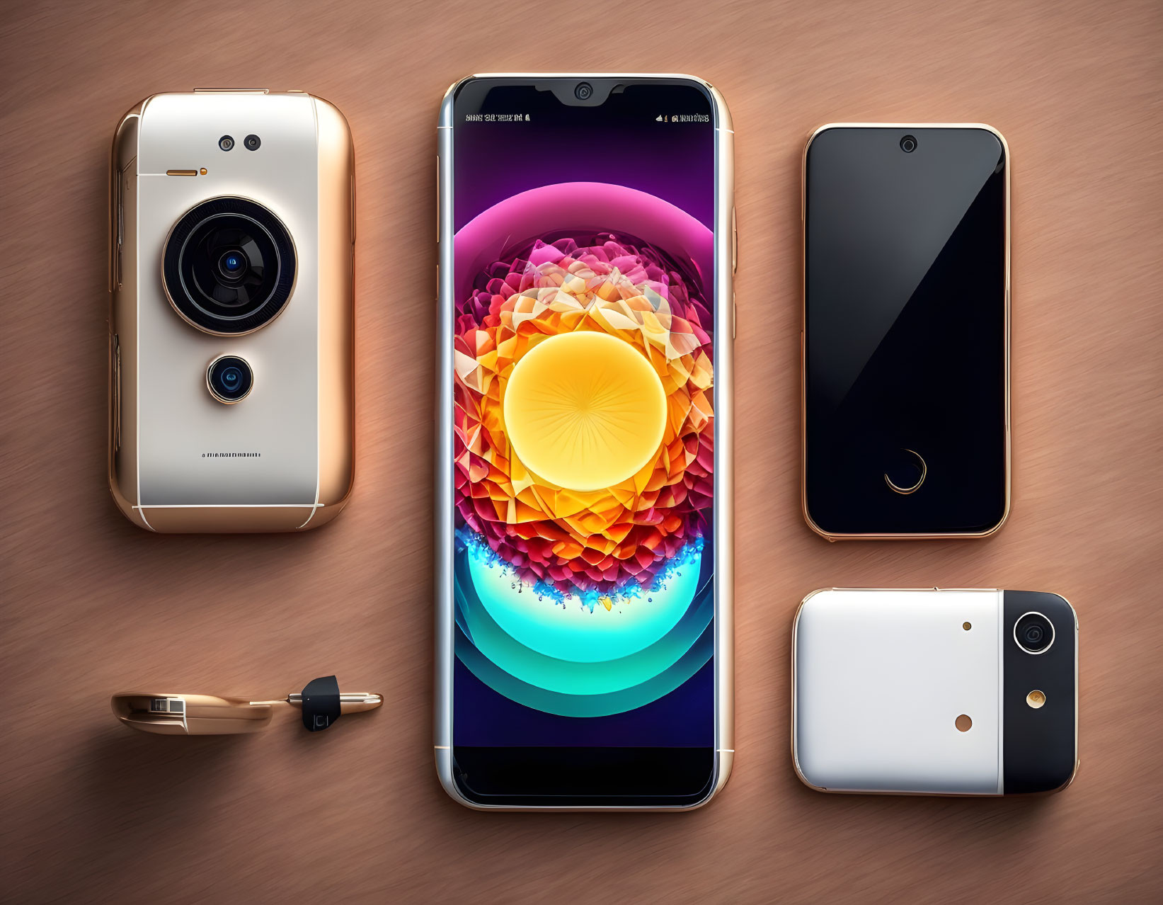 Modern Gadgets: 360-Degree Camera, Vibrant Screen Smartphone, Earbuds, Dual