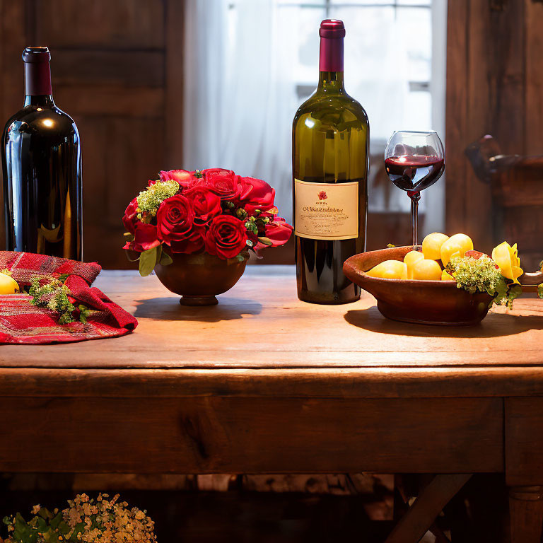 Rustic wooden table with red roses, wine bottles, glass, and lemons