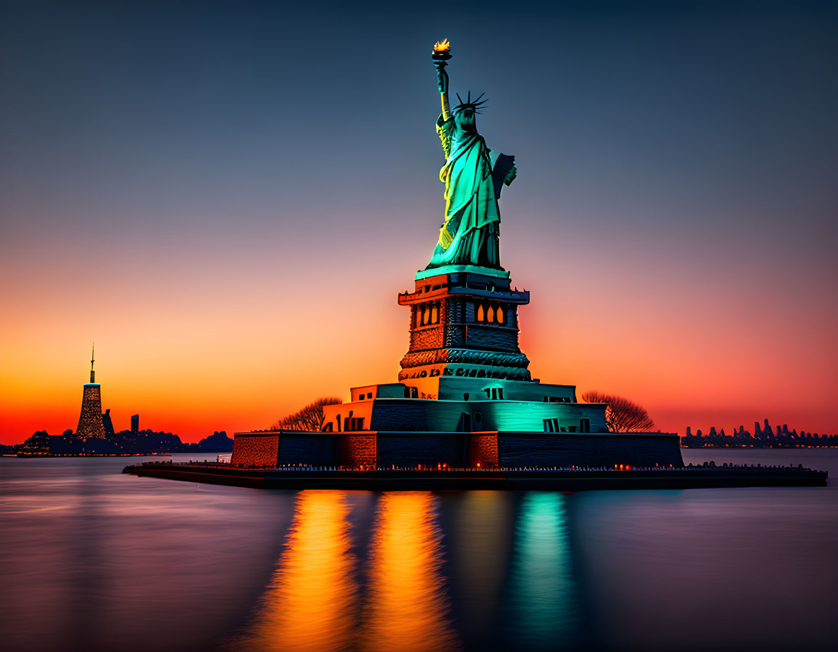 Iconic Statue of Liberty at sunset with NYC skyline silhouette.