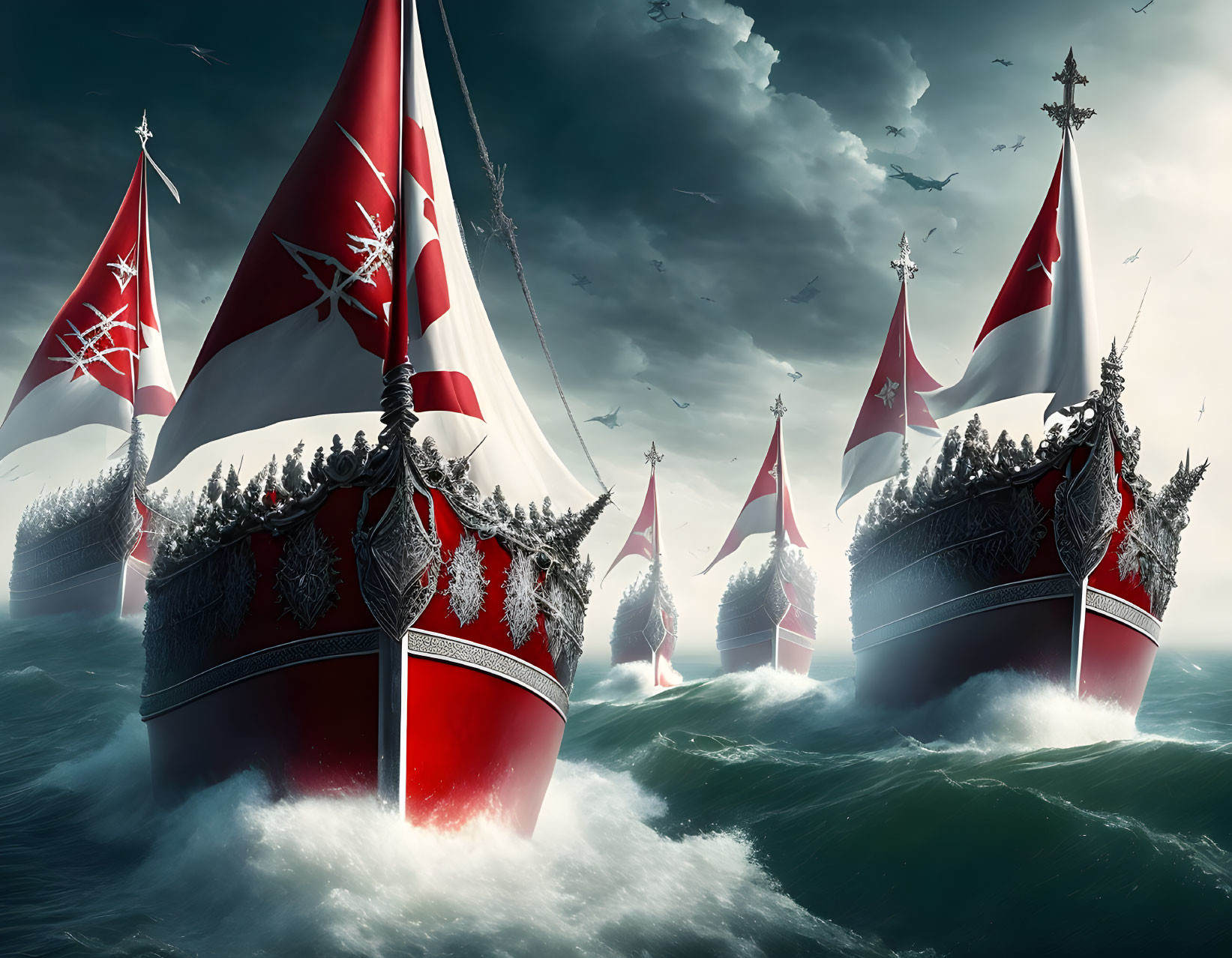 Ornate Viking ships with red and white sails in stormy sea waters