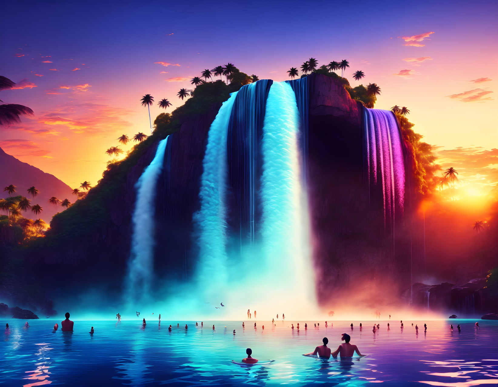 Tropical sunset scene with vibrant waterfall and swimmers