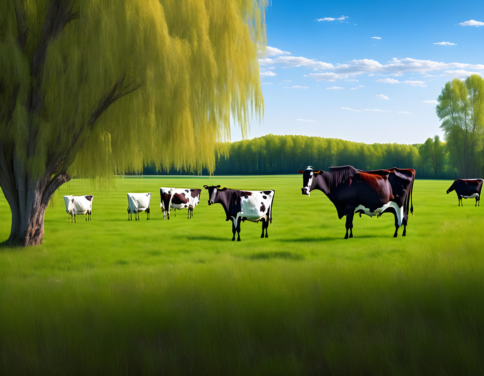 Cows grazing in lush green field with tree and forest backdrop