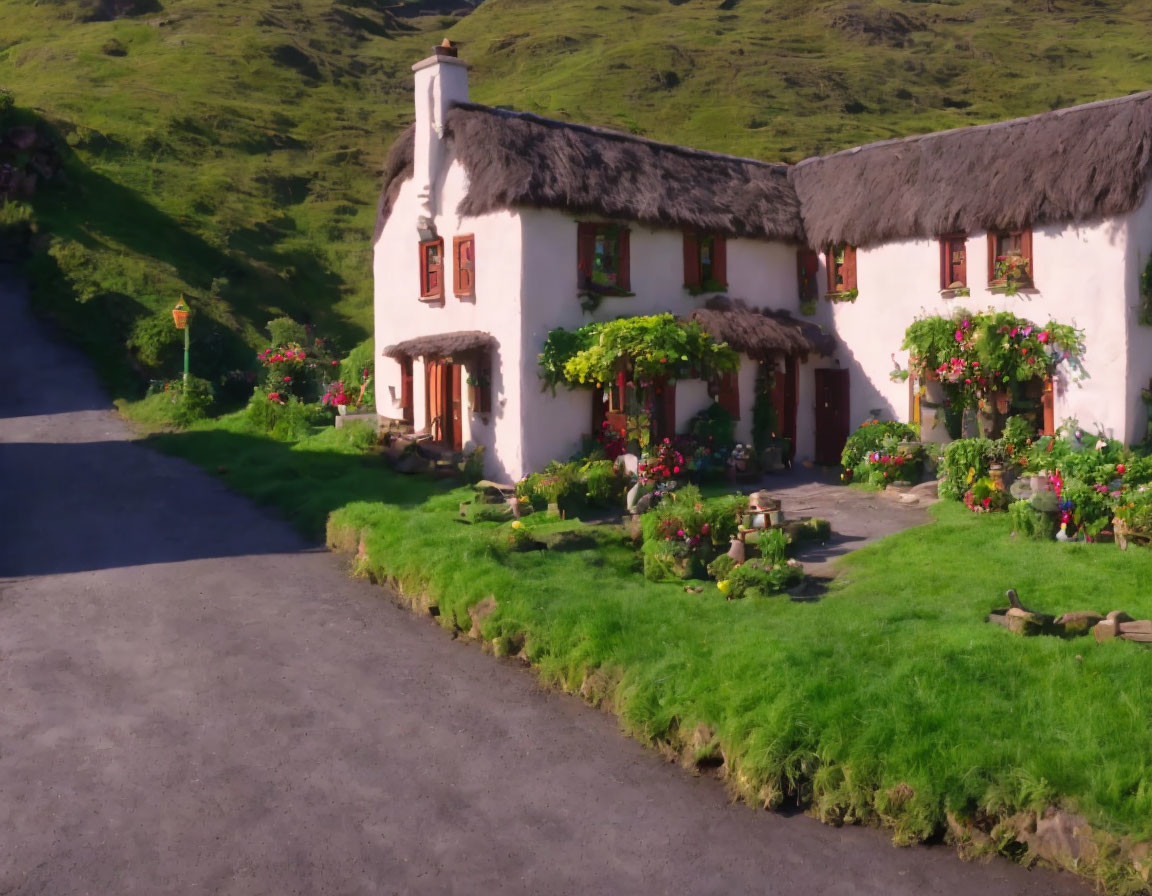 Traditional Thatched Roof Cottages in Green Hill Setting