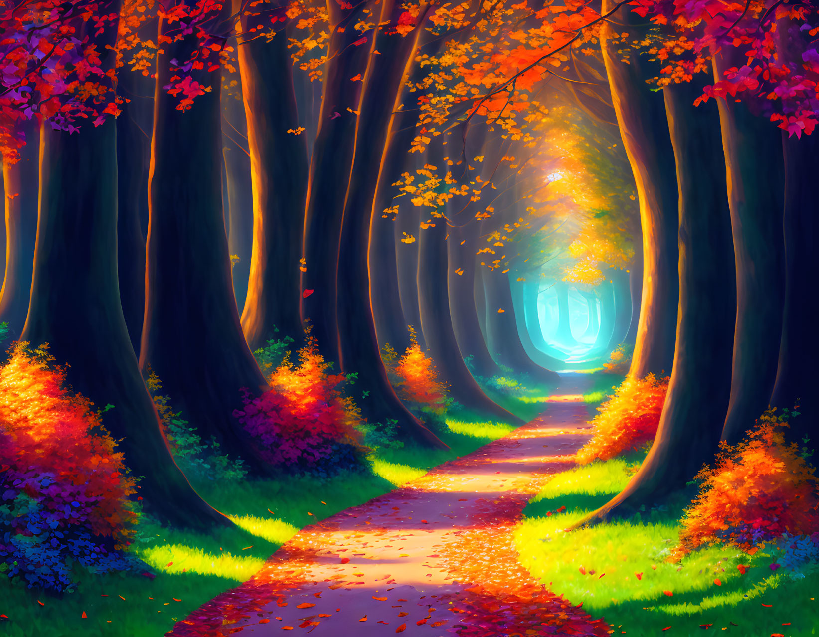 Colorful autumn forest path with bright light ahead